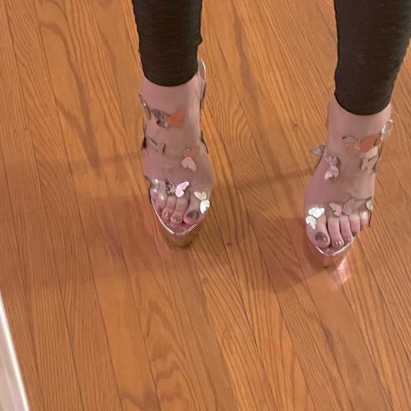 Metallic Pink, Silver, and Clear, High Heel Stilettos with Butterfly Accents. - Picture 2 of 5